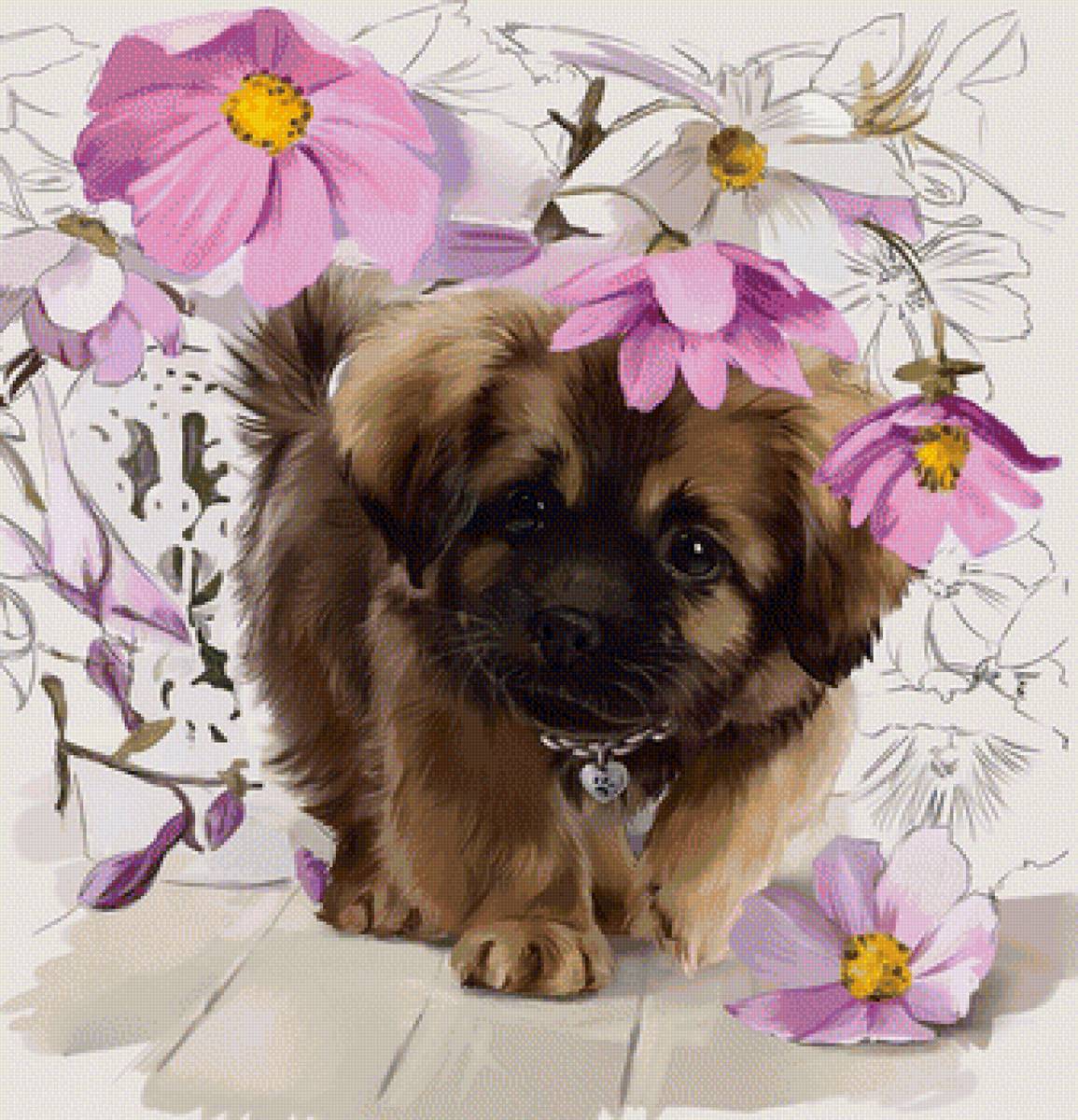Щенок - цветы, щенок, рисунок, животные, собака - предпросмотр