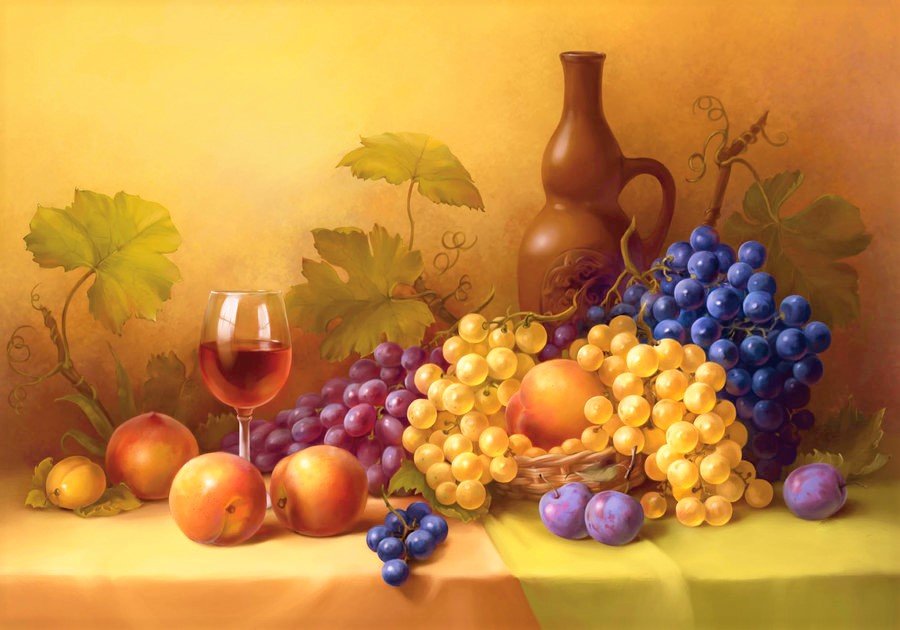 Натюрморт - фрукты, виноград, живопись, вино, натюрморт, бокал, сливы - оригинал