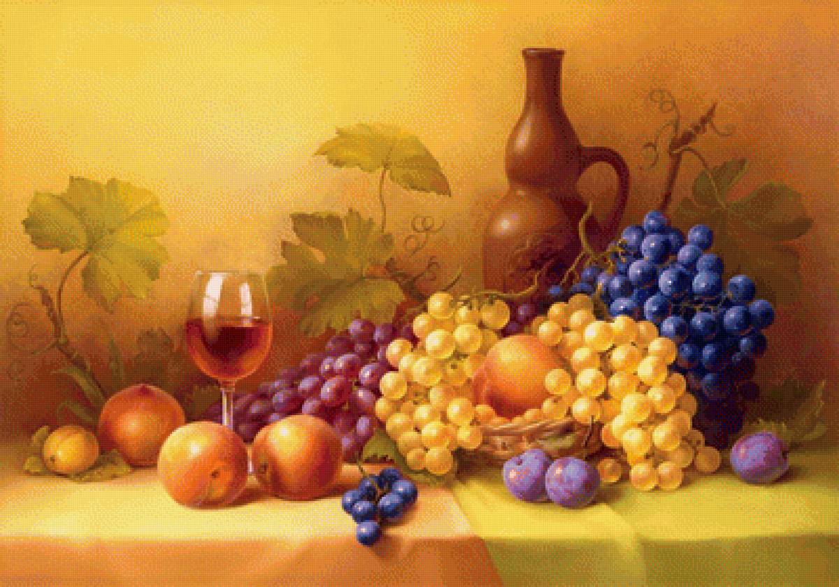 Натюрморт - сливы, вино, фрукты, натюрморт, виноград, живопись, бокал - предпросмотр