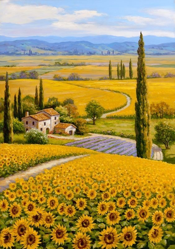 желто-синий пейзаж - поле, подсолнухи - оригинал