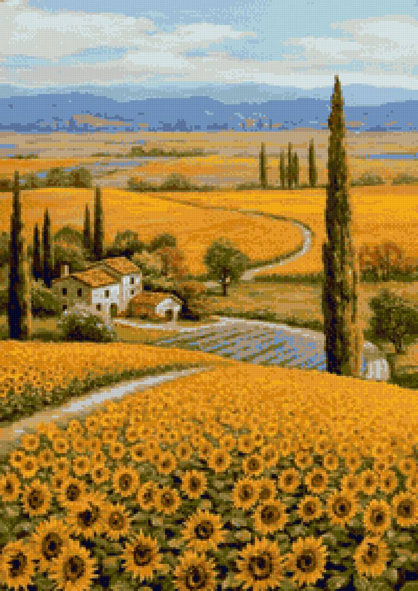 желто-синий пейзаж - поле, подсолнухи - предпросмотр