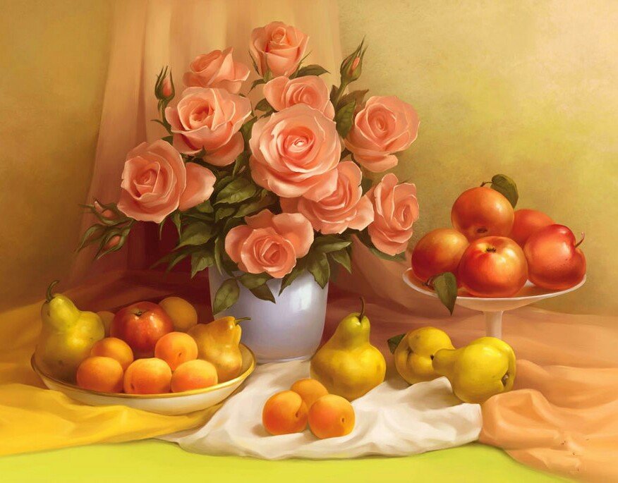 Натюрморт - цветы, розы, букет, фрукты, живопись, натюрморт, яблоки - оригинал
