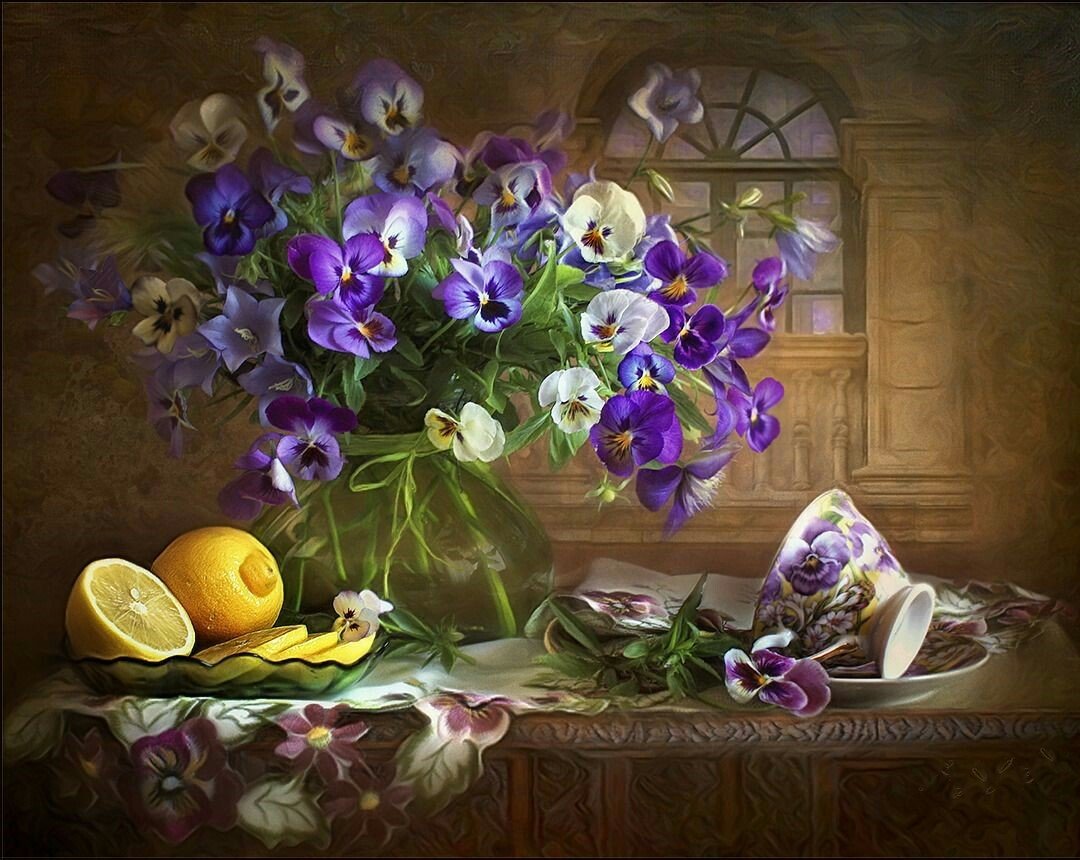 Натюрморт - цветы, букет, лимон, натюрморт - оригинал