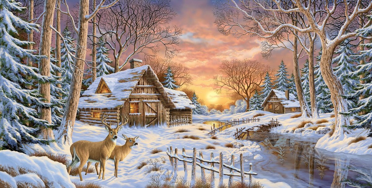 Зимний пейзаж - пейзаж, снег, живопись, животные, олени, лес, река, зима - оригинал