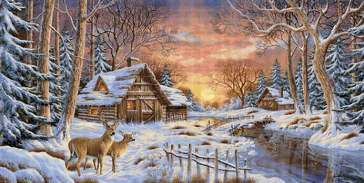 Зимний пейзаж - снег, живопись, зима, животные, река, олени, пейзаж, лес - предпросмотр