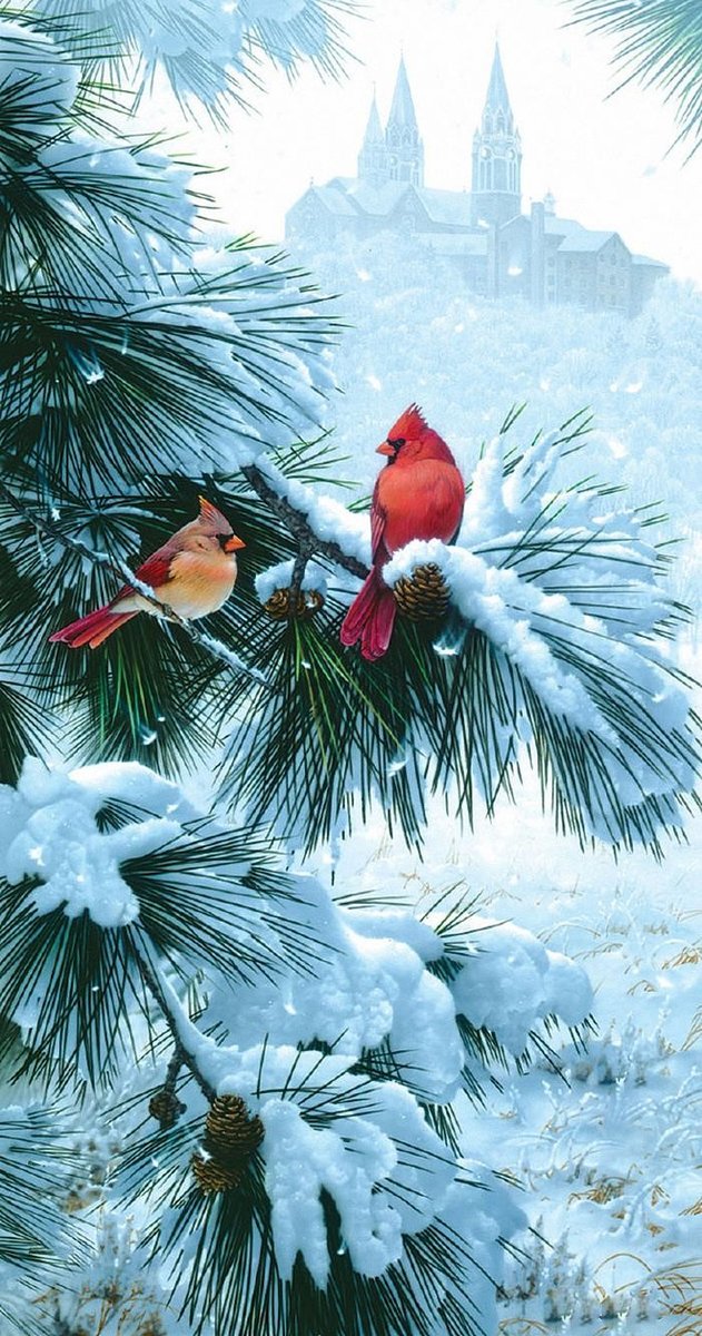 Птички - зима, птички, птицы, снег, рисунок - оригинал