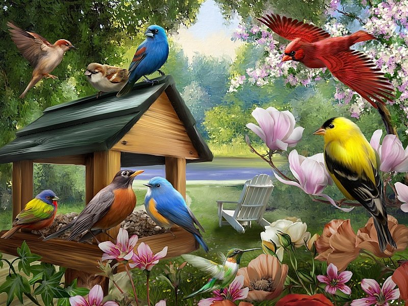 Птички - птицы, цветы, птички, рисунок - оригинал