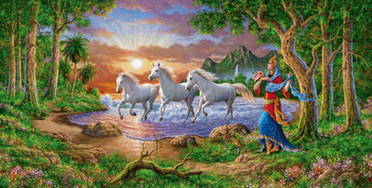 Лошади - озеро, пейзаж, лошади, девушка, лес, горы, природа - предпросмотр