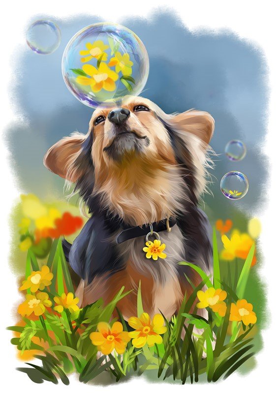 Собачка и мыльные пузыри - друг, питомец, собака, цветы, животные, рисунок - оригинал