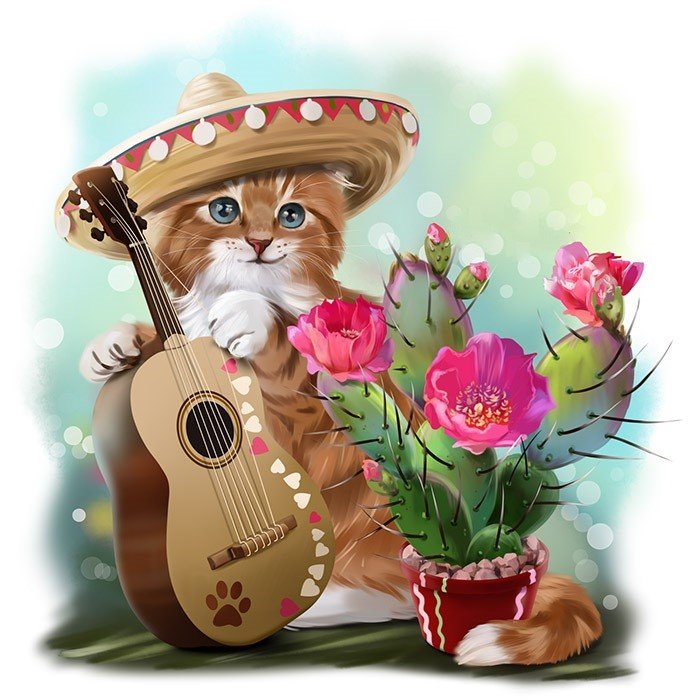 Котик-мексиканец - животные, котик, гитара, рисунок, кот, кактус, котенок - оригинал