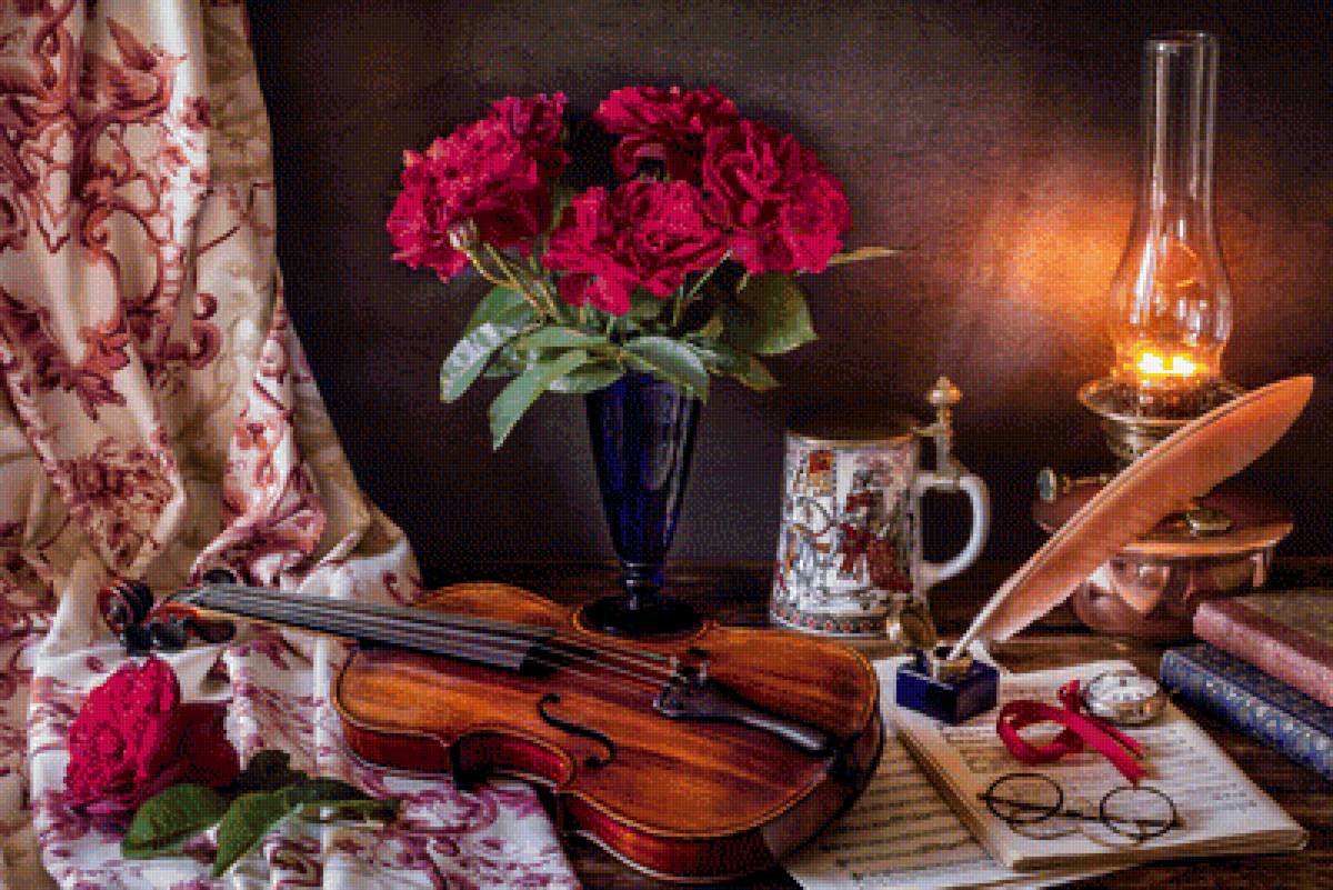 Натюрморт - скрипка, букет, натюрморт, цветы - предпросмотр