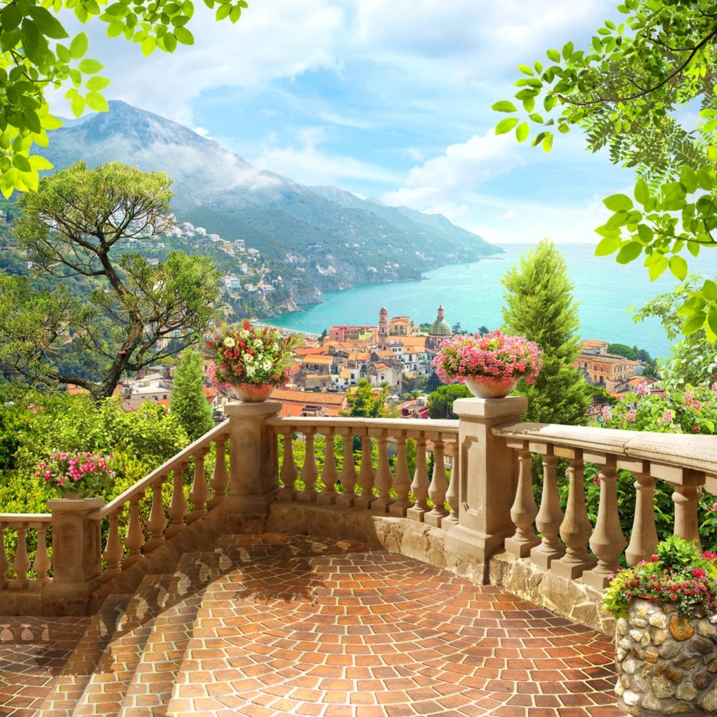 Морской пейзаж - море, горы, природа, цветы, лето, пейзаж, город - оригинал