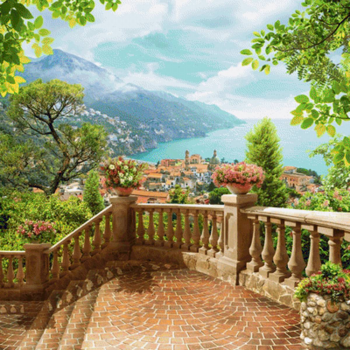 Морской пейзаж - город, море, горы, природа, цветы, лето, пейзаж - предпросмотр