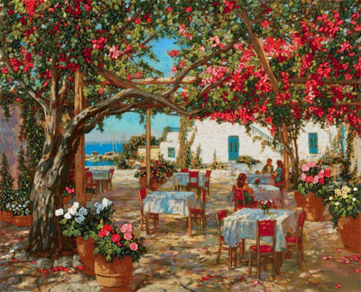 Кафе в приморском городе - столы, люди, море, кафе - предпросмотр