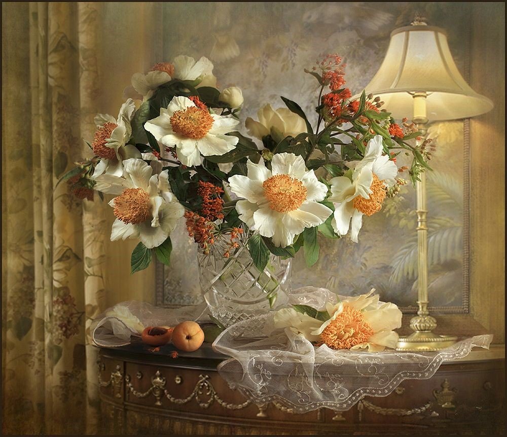 Цветы - букет, натюрморт, фрукты, абрикосы, цветы - оригинал