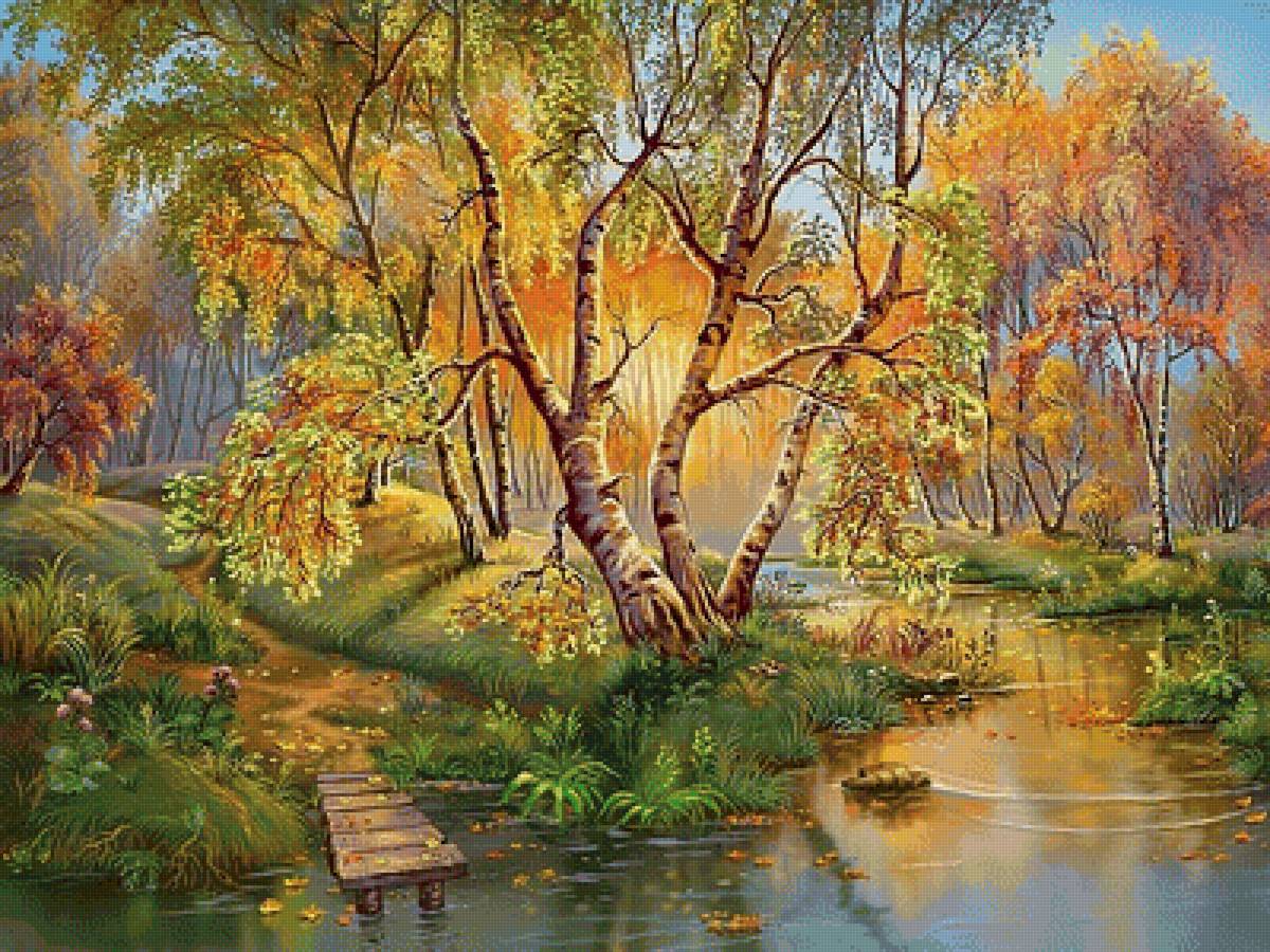 Летний пейзаж - лето, рисунок, река, пейзаж, лес - предпросмотр