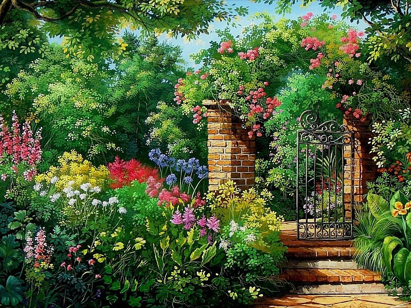 Цветущий сад - лето, природа, калитка, пейзаж, цветы, сад - оригинал