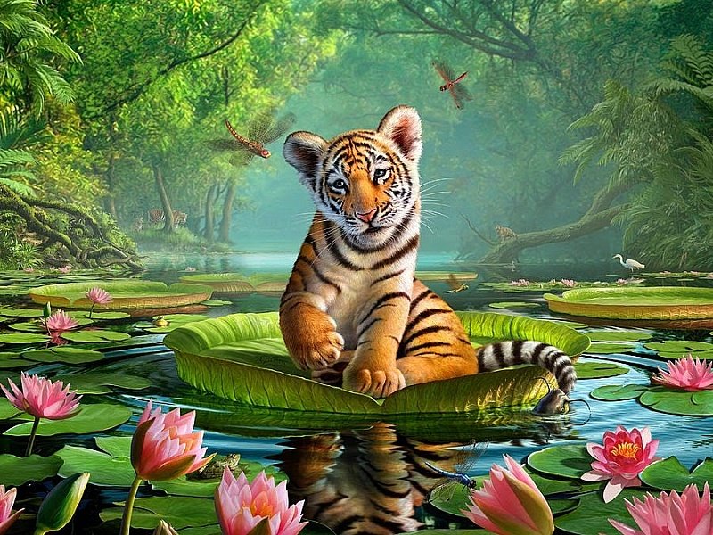 Тигрёнок - тигренок, животные, рисунок, природа, тигр, кувшинки, лес - оригинал