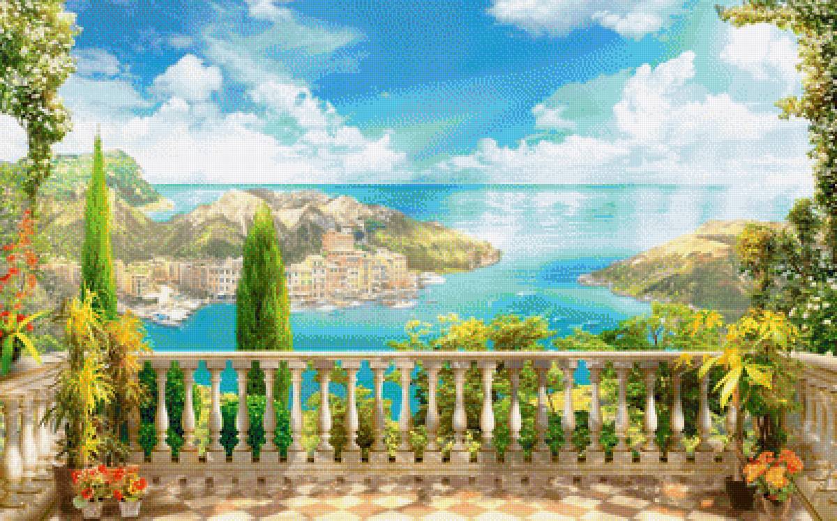 Город у моря - цветы, пейзаж, море, природа, город, лето, терраса - предпросмотр