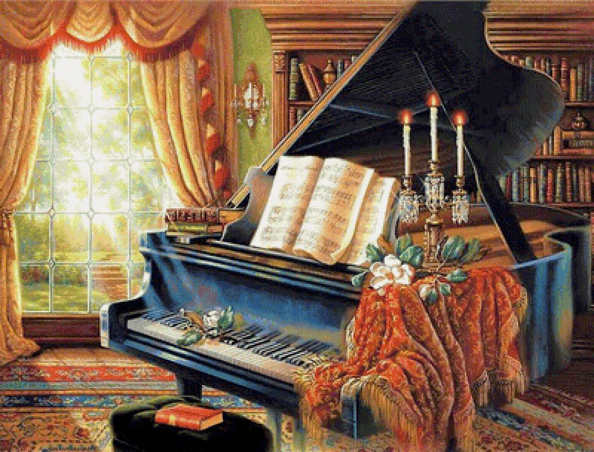 У рояля - книги, рояль, окно, книга, свечи, цветы, розы, картина - предпросмотр