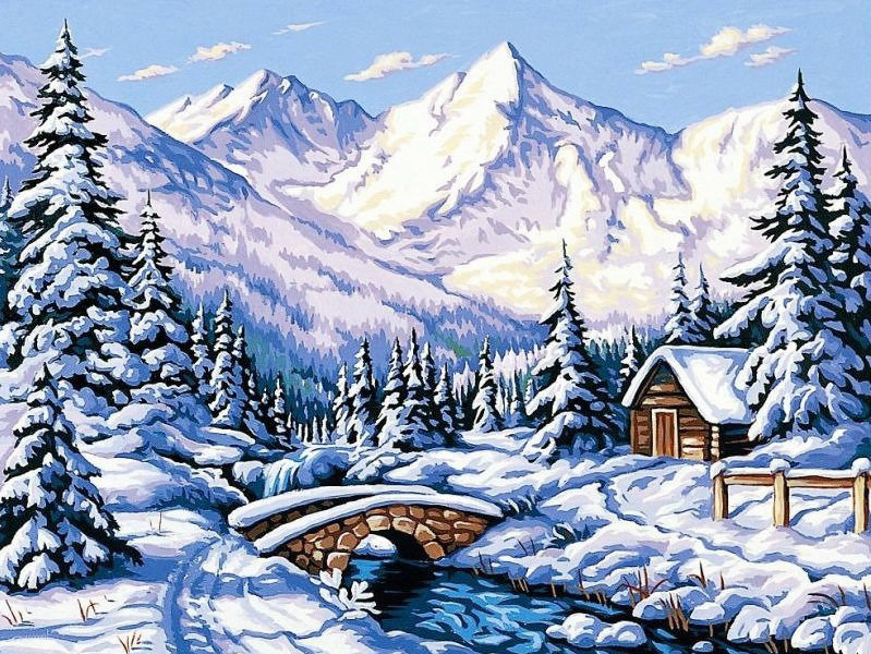Горный пейзаж - домик, зима, мост, горы, река, снег - оригинал