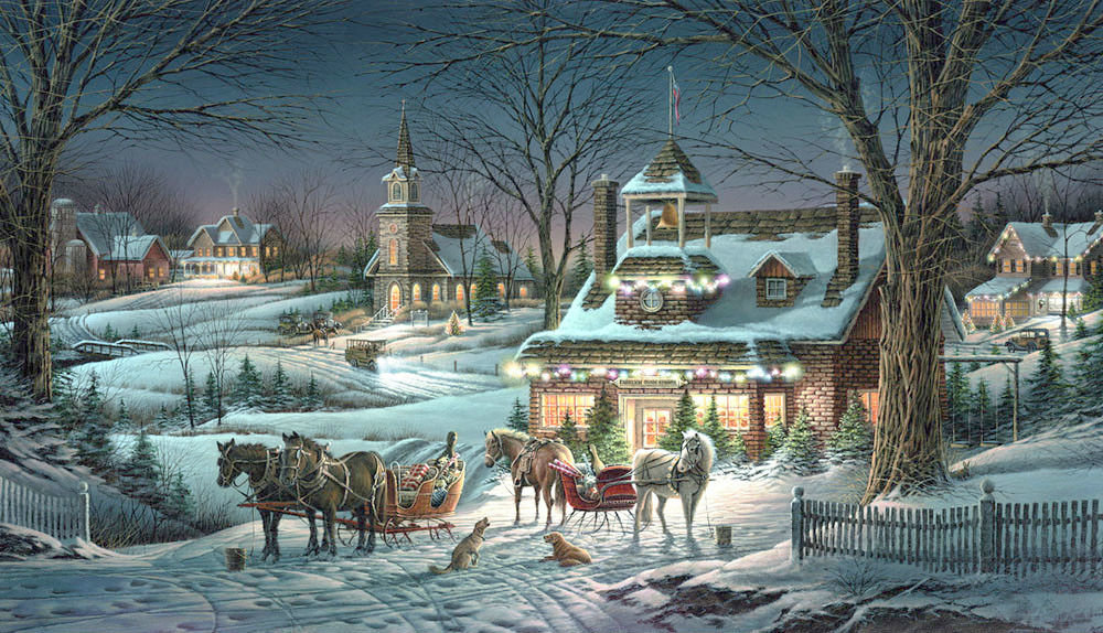 Рождество - снег, зима, дома, лошади, церковь - оригинал