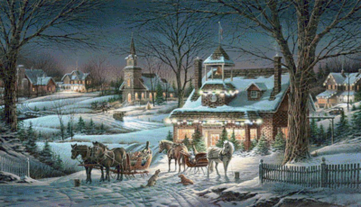 Рождество - зима, снег, дома, лошади, церковь - предпросмотр