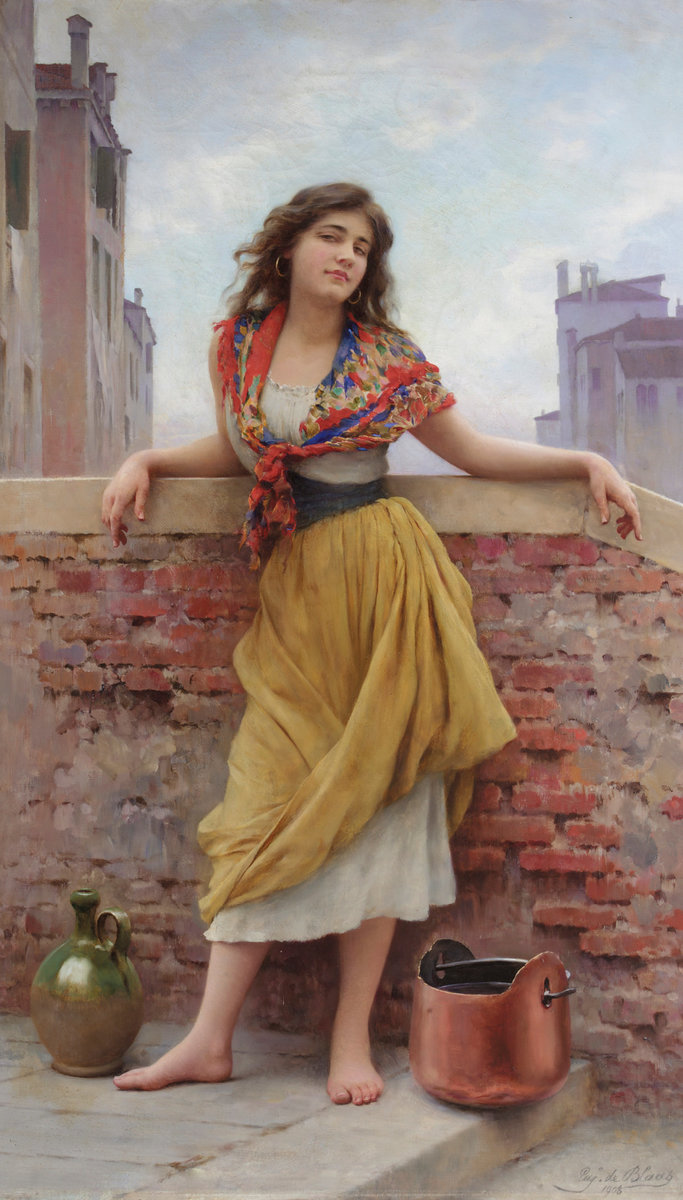 По картине Эжена де Блааса - девушка, город, стена, кувшин, дома - оригинал