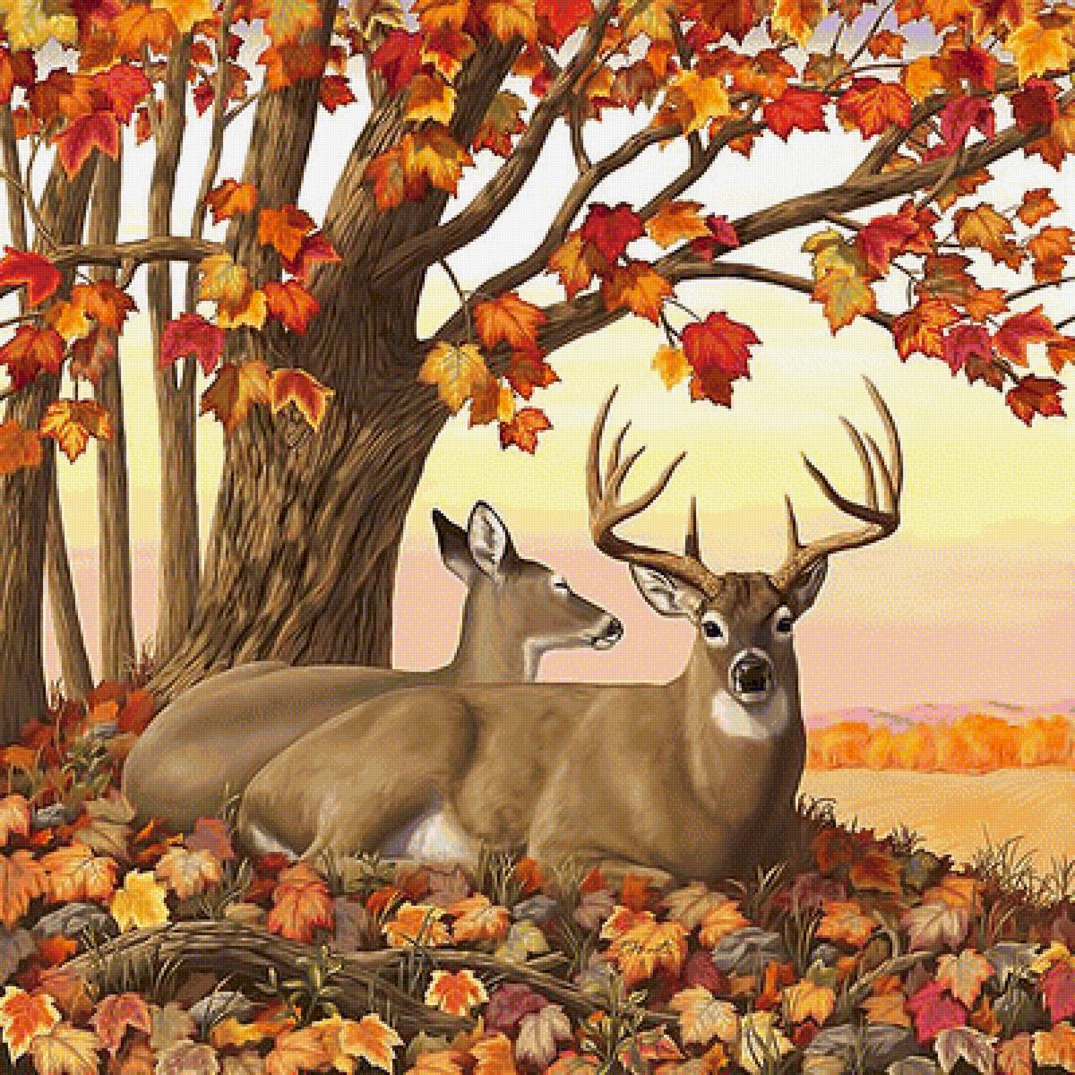 Серия "Олени". Семья - пейзаж, осень, олени, животные - предпросмотр