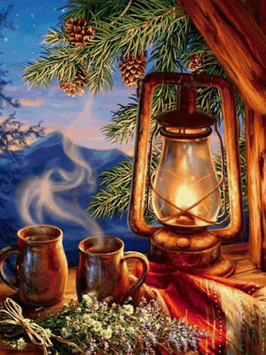 Зимний вечер - лампа, букет, рисунок, горы, вечер, сосна, шишки, зима - предпросмотр