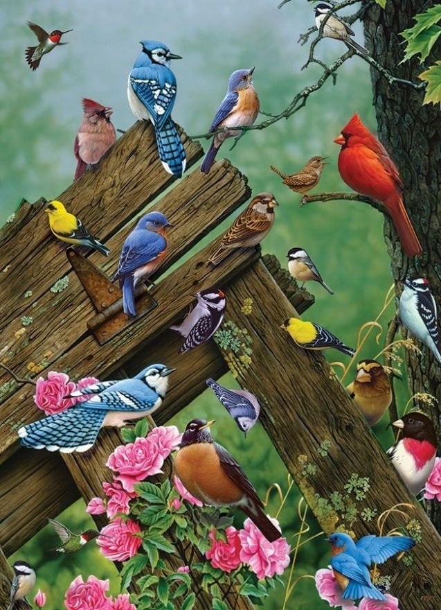 Птички - рисунок, весна, цветы, птички, птицы - оригинал