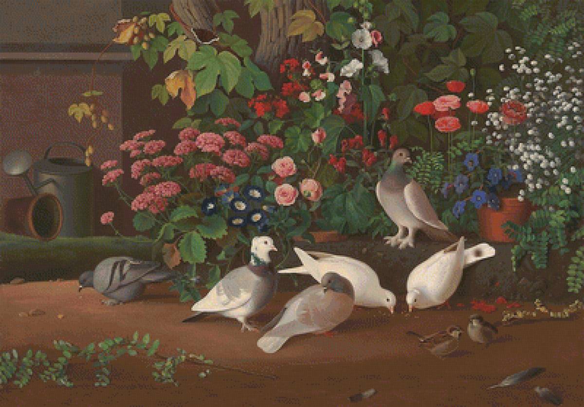 птицы в саду - картина - предпросмотр