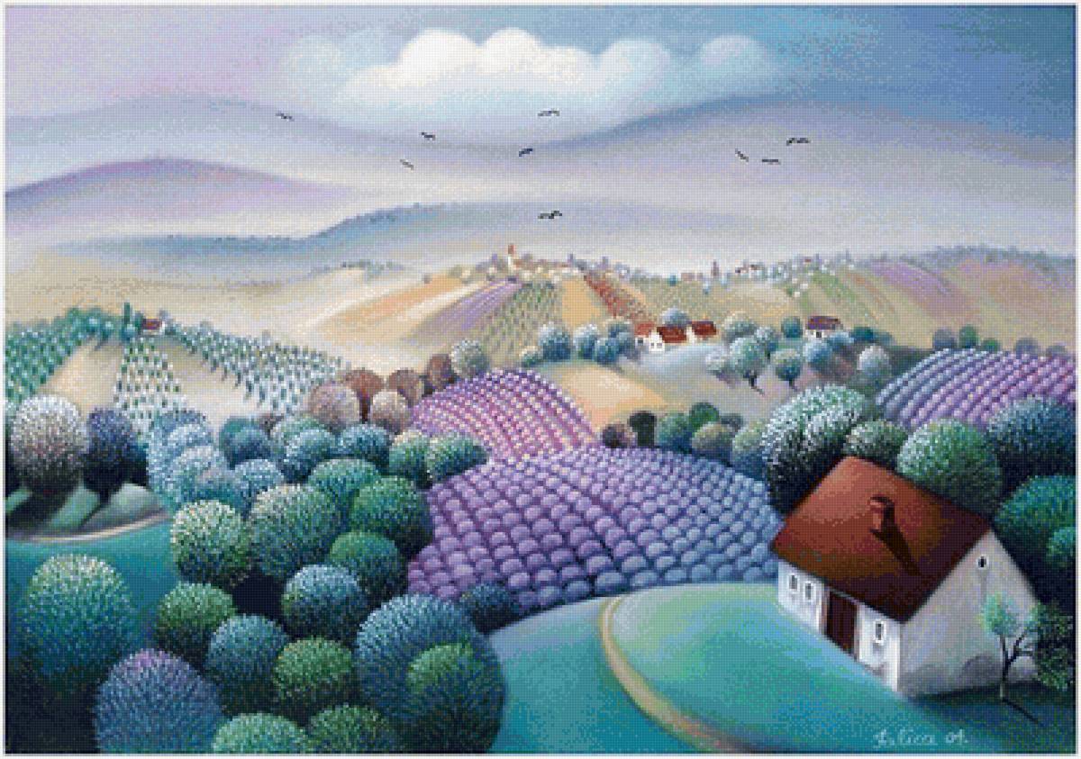 Лавандовый пейзаж - лаванда, домики, поля - предпросмотр