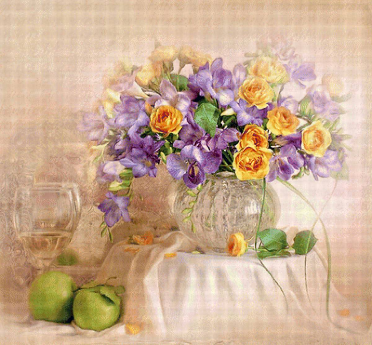 Натюрморт - фрукты, бокал, яблоки, букет, цветы, натюрморт - предпросмотр