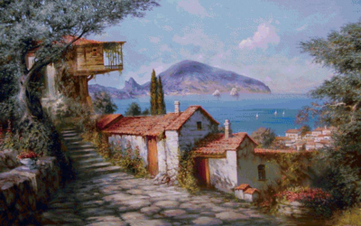 Крымский пейзаж - море, дома - предпросмотр