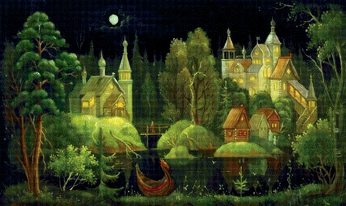 Берендеево царство 2 вариант - лес, озеро, сказка, терем, лунная ночь - предпросмотр