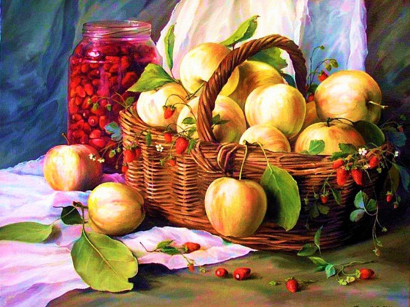 Яблоки в корзине - ягоды, натюрморт, фрукты, яблоки - оригинал