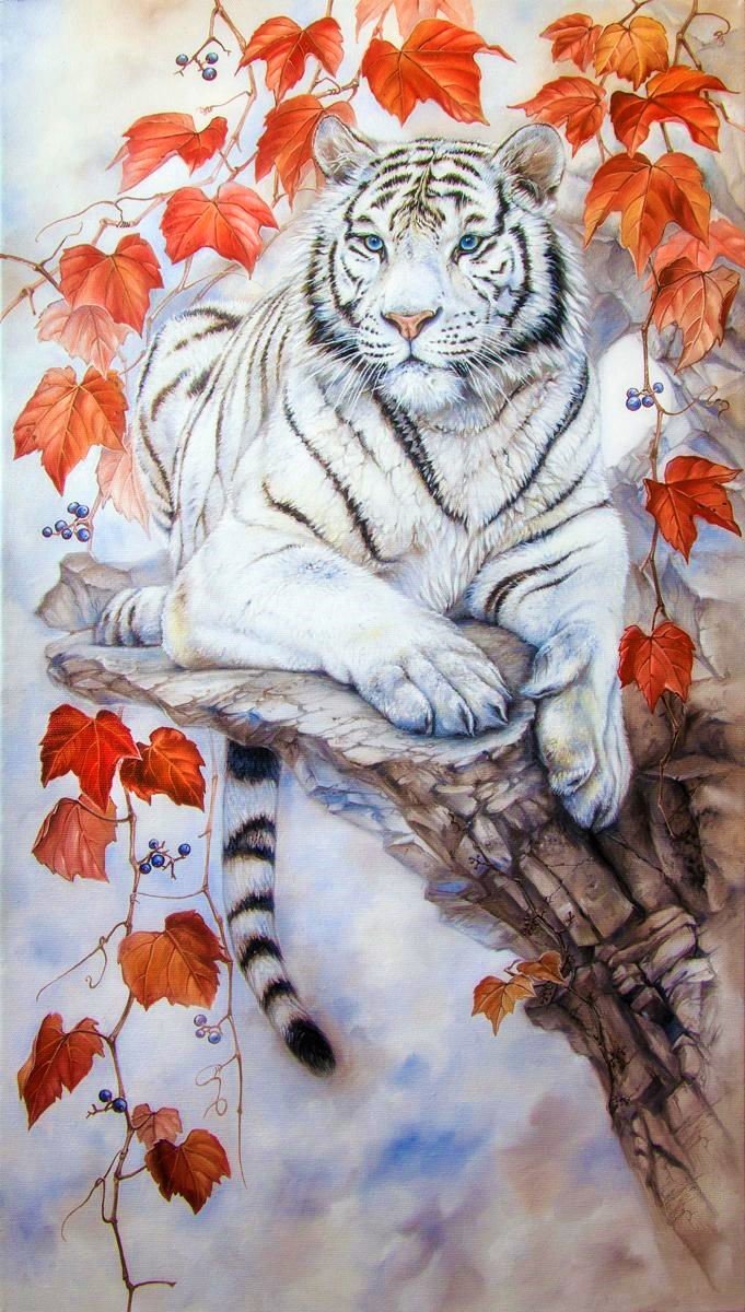 Белый тигр - животные, тигр, рисунок, листья - оригинал