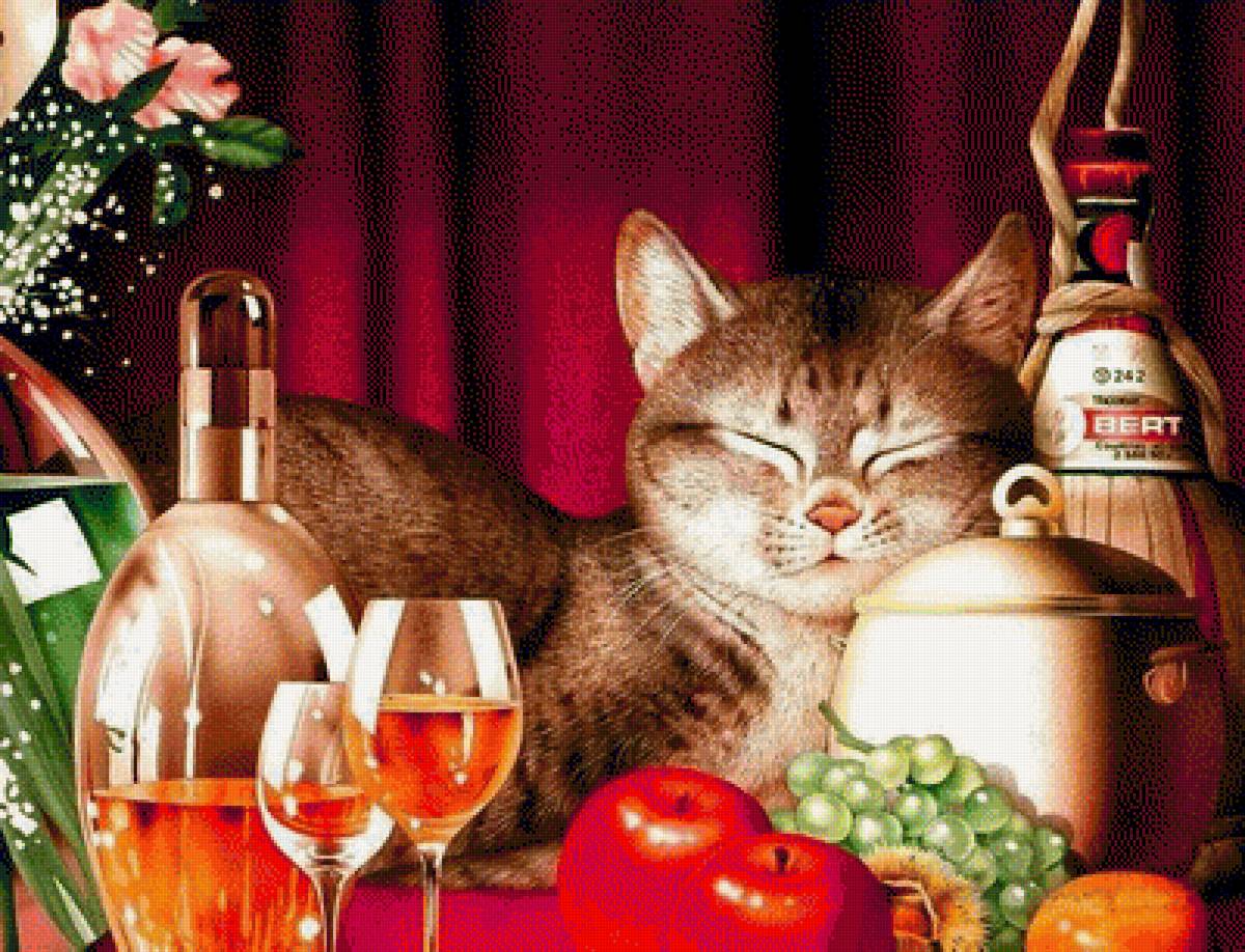 Котонатюрморт - кот, рисунок, виноград, бокалы, фрукты, яблоки, натюрморт - предпросмотр