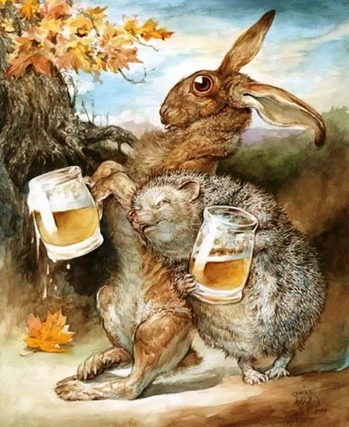 заяц с ежиком и пивом цвет - заяц, еж, пиво - оригинал