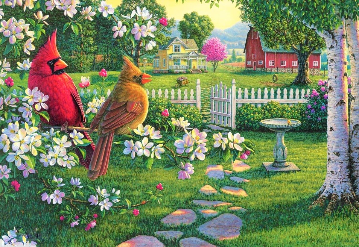 Птички - дом, птицы, цветение, цвет, сад, рисунок, птички, весна - оригинал