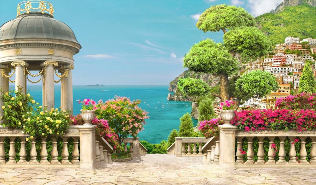 Город у моря - город, море, пейзаж, цветы, природа, лето - оригинал