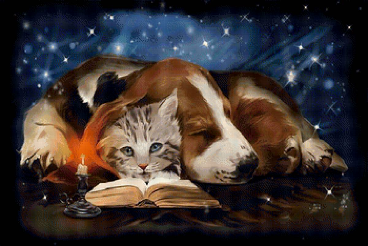 Сказки на ночь - книга, котик, животные, рисунок, кот, собака, ночь, свеча - предпросмотр