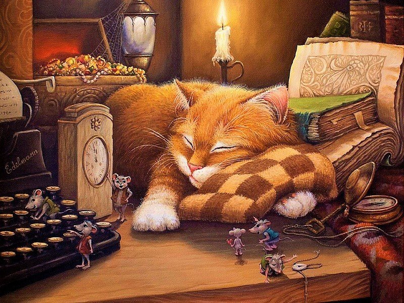 Спящий котик - кот, мышки, рисунок, животные, книги, котик - оригинал