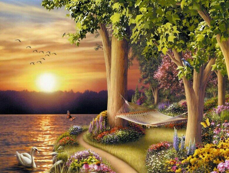 Закат - лес, птицы, природа, лебедь, гамак, пейзаж, озеро, закат - оригинал