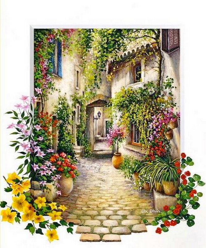 В цветущем дворике - окна, цветы, дворик, улочка - оригинал