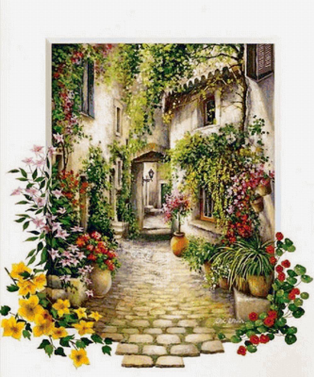 В цветущем дворике - цветы, улочка, дворик, окна - предпросмотр