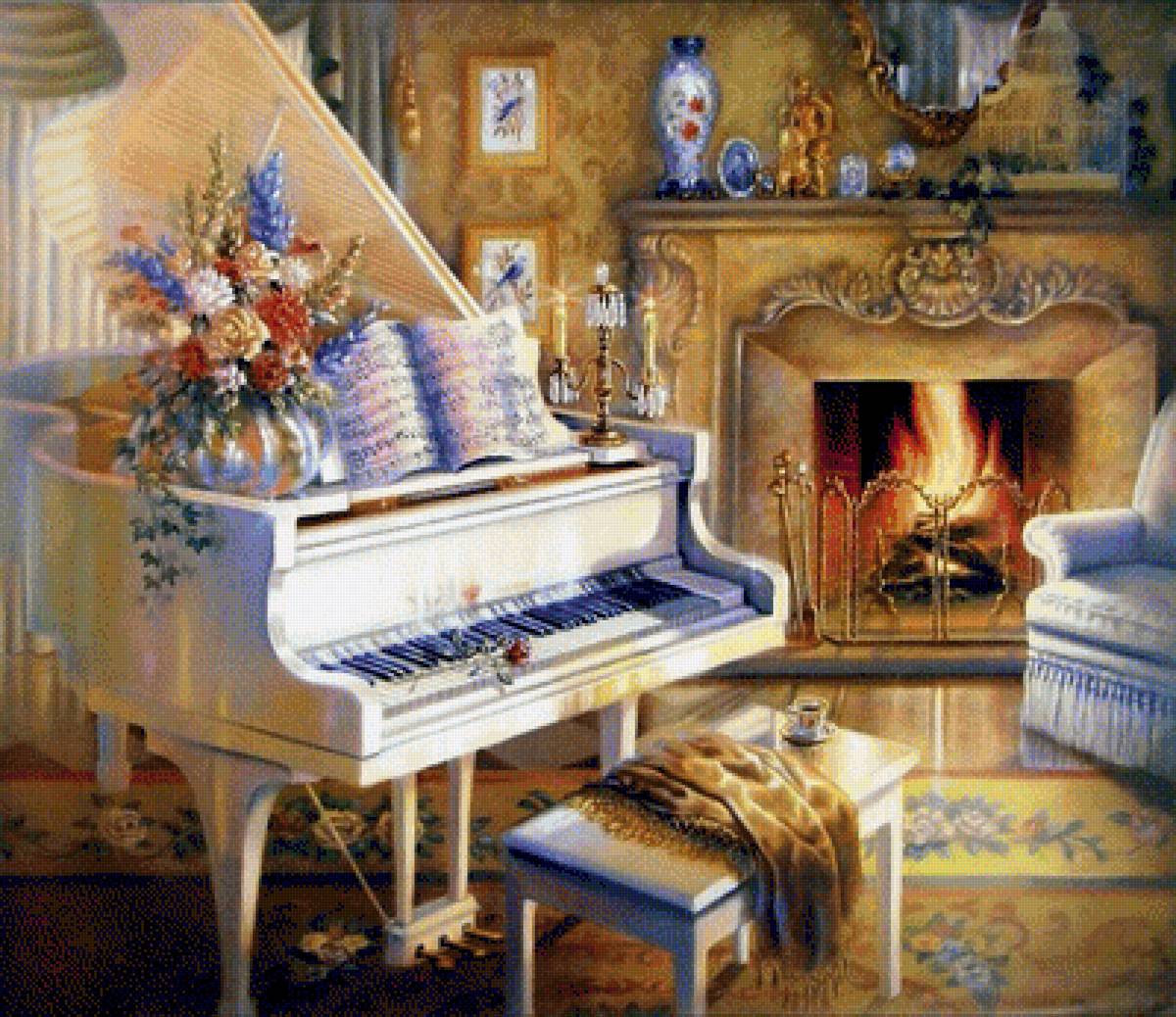 Белый рояль - ноты, свечи, букет, рояль, камин, розы, картина, цветы - предпросмотр