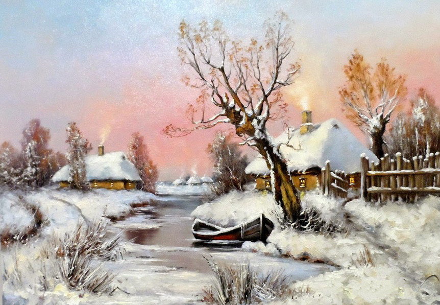 Вечереет. По картине Яр.Чижевского - лодка, деревня, вечер, зима, речка - оригинал