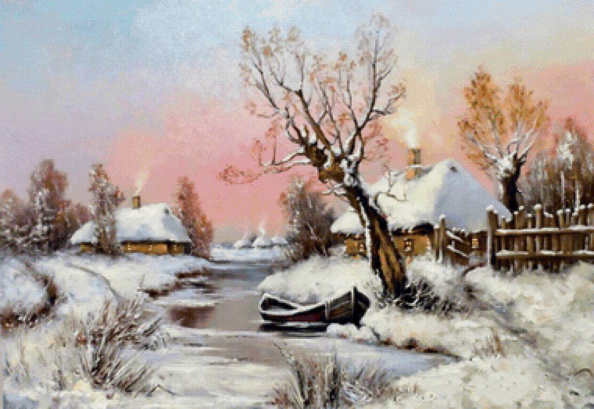 Вечереет. По картине Яр.Чижевского - речка, лодка, деревня, зима, вечер - предпросмотр